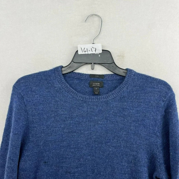 J.Crew Merino Sweater Men's S Blue Brown Leather Elbow Trim Round Neck Pullover - Picture 15 of 15